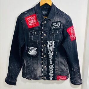 Philipp Plein Black Distressed Patch Emo Goth Straight Cut Jean Jacket Large